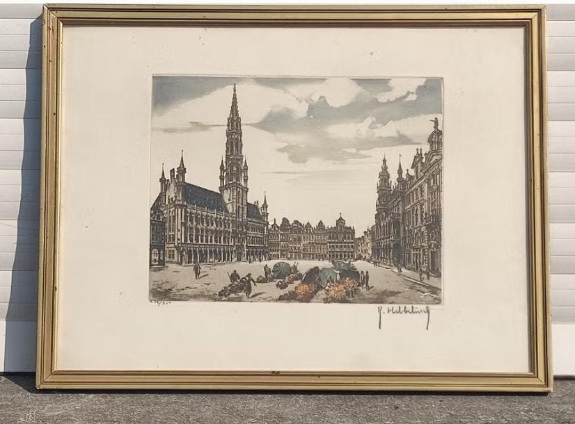 gravure grand place de bruxelles signe roger hebbelinck, Antiquités & Art, Enlèvement ou Envoi, Gravure