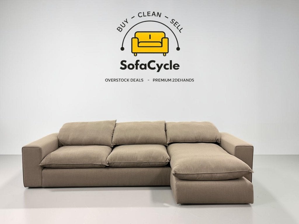 Hoekzetel beige, diepe zit, brede leuningen, rechts – nieuw, Gebruikt, Stof, Zonnestraat 223-229, 9600 Ronse, België, Info@sofacycle.be