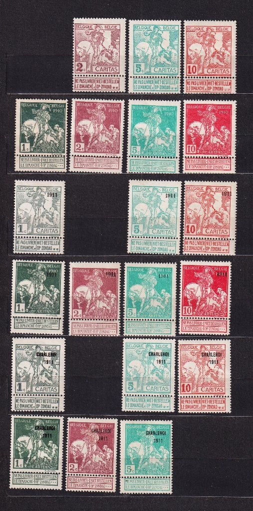 Timbres de Belgique 1910-1911 de la série Caritas, Envoi, Non oblitéré, Trace d'autocollant