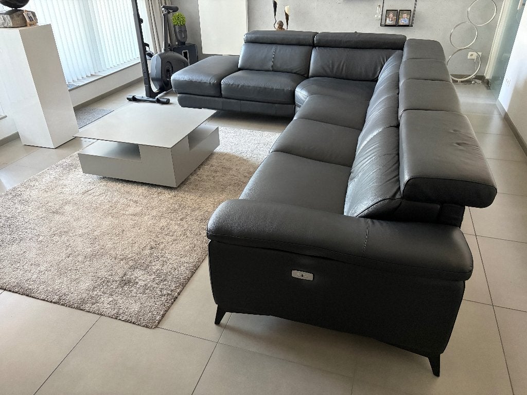 Hoeksalon met 2 elektrische relaxen en salontafel, Huis en Inrichting, Zetels | Zetels, Ophalen, Hoekbank, 300 cm of meer, Leer
