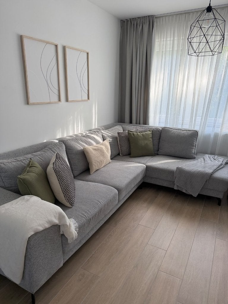 Comfortable grijze hoeksalon met longchair, Huis en Inrichting, Ophalen, Zo goed als nieuw, Stof
