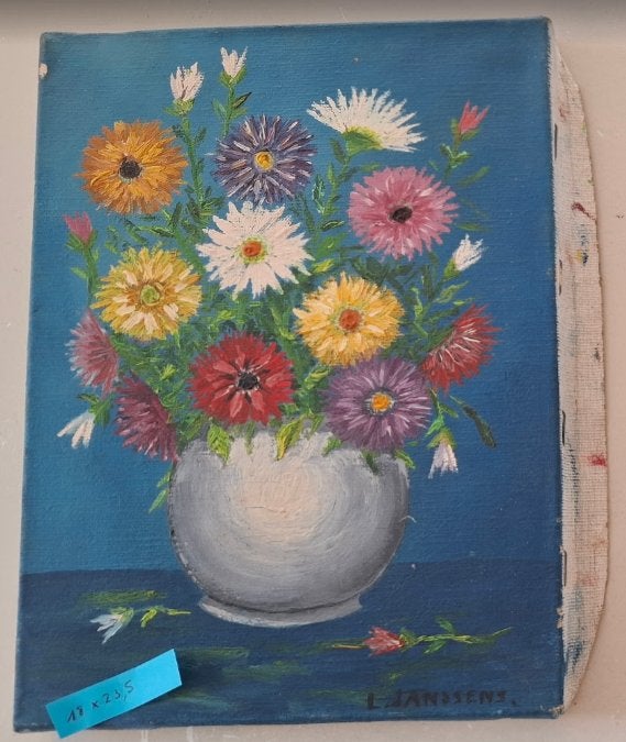 Schilderij vaas met bloemen - L. Janssens, Enlèvement ou Envoi, Peinture à l'huile, Réaliste, Signé