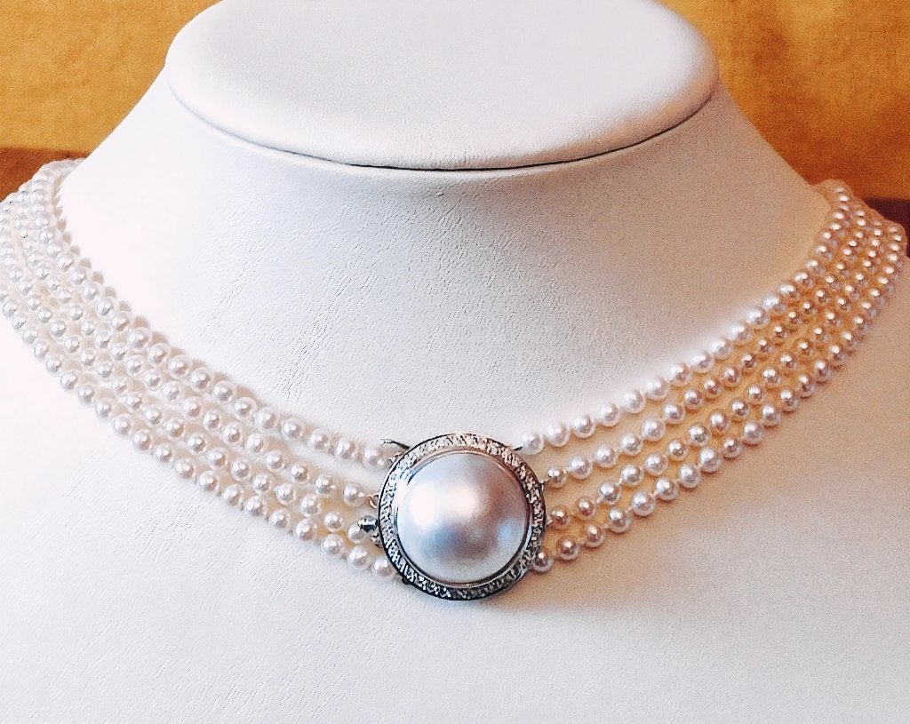 Parels choker met Mabe en diamanten slot, Bijoux, Sacs & Beauté, Colliers, Enlèvement ou Envoi, Or, Comme neuf, Or