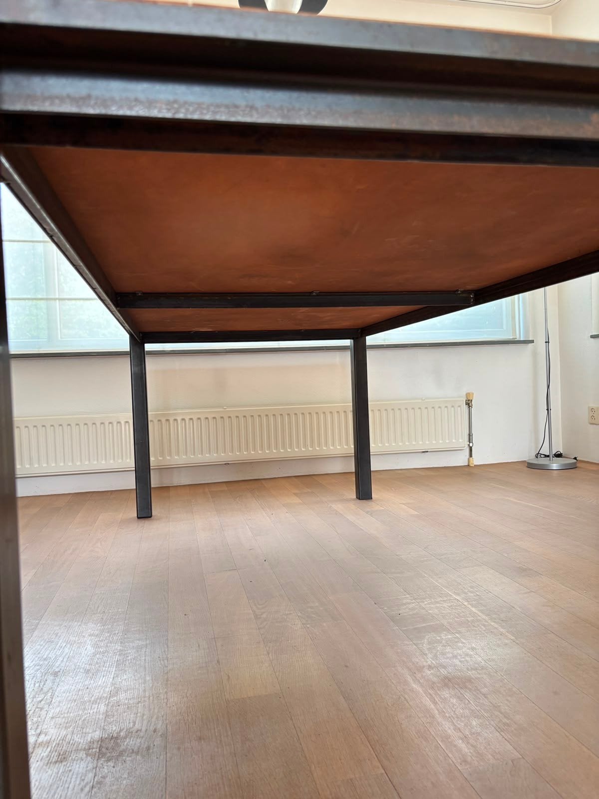 Stoere tafel met eiken wagonplanken., Ophalen, 100 tot 150 cm, Eikenhout, 200 cm of meer
