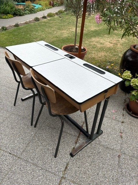Vintage schoolbankje - met 2 stoeltjes, Antiek en Kunst, Ophalen