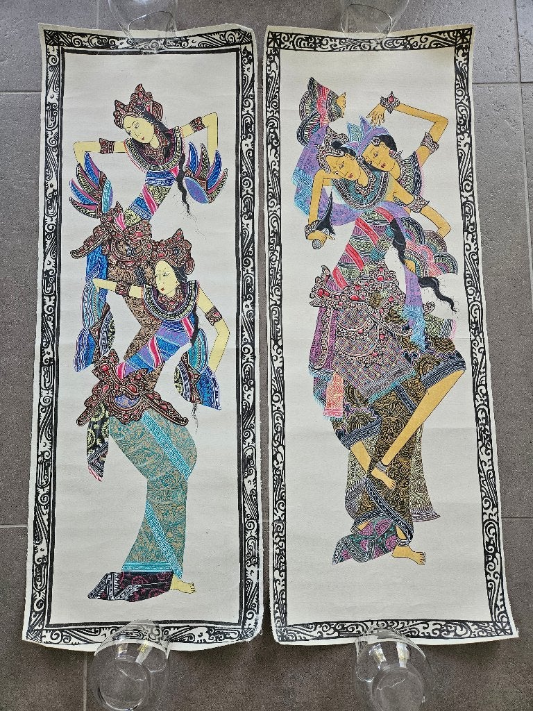 Vintage Balinese Schilderijen – Set van 2 (Batuan stijl), Ophalen of Verzenden, Indonesië, Meerkleurig, 80 cm