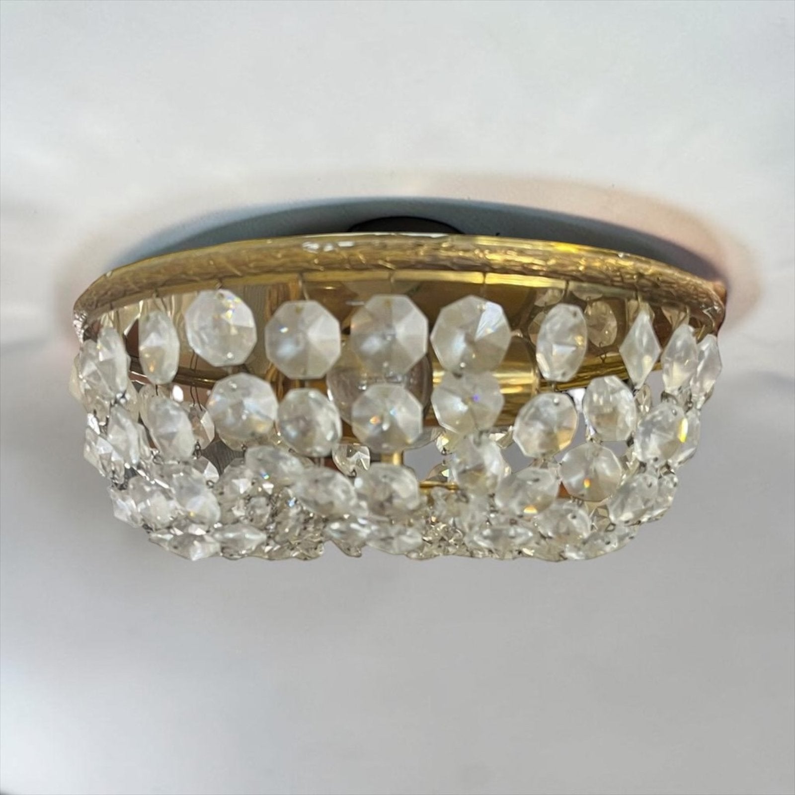 Plafonnier vintage en laiton/lampe suspendue avec cristal, Antiquités & Art, Envoi