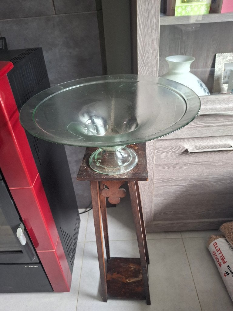 Glazen groene schaal op voet, Ophalen, Schaal, Rond, Gebruikt