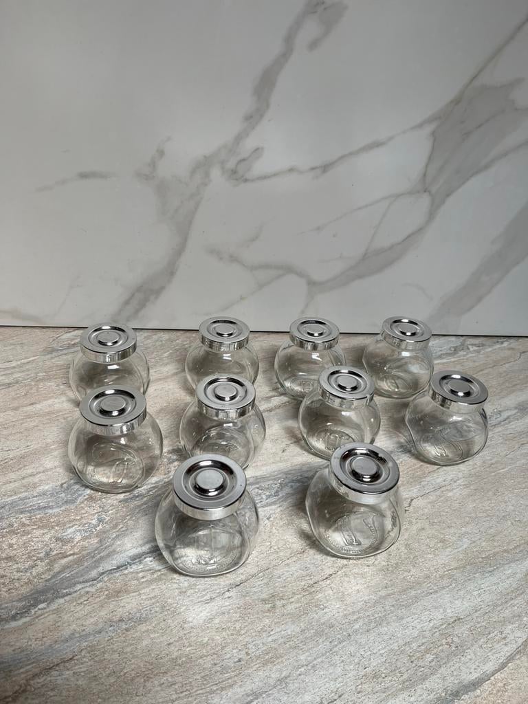 10 glazen verzamel potjes, Ophalen, Gebruikt