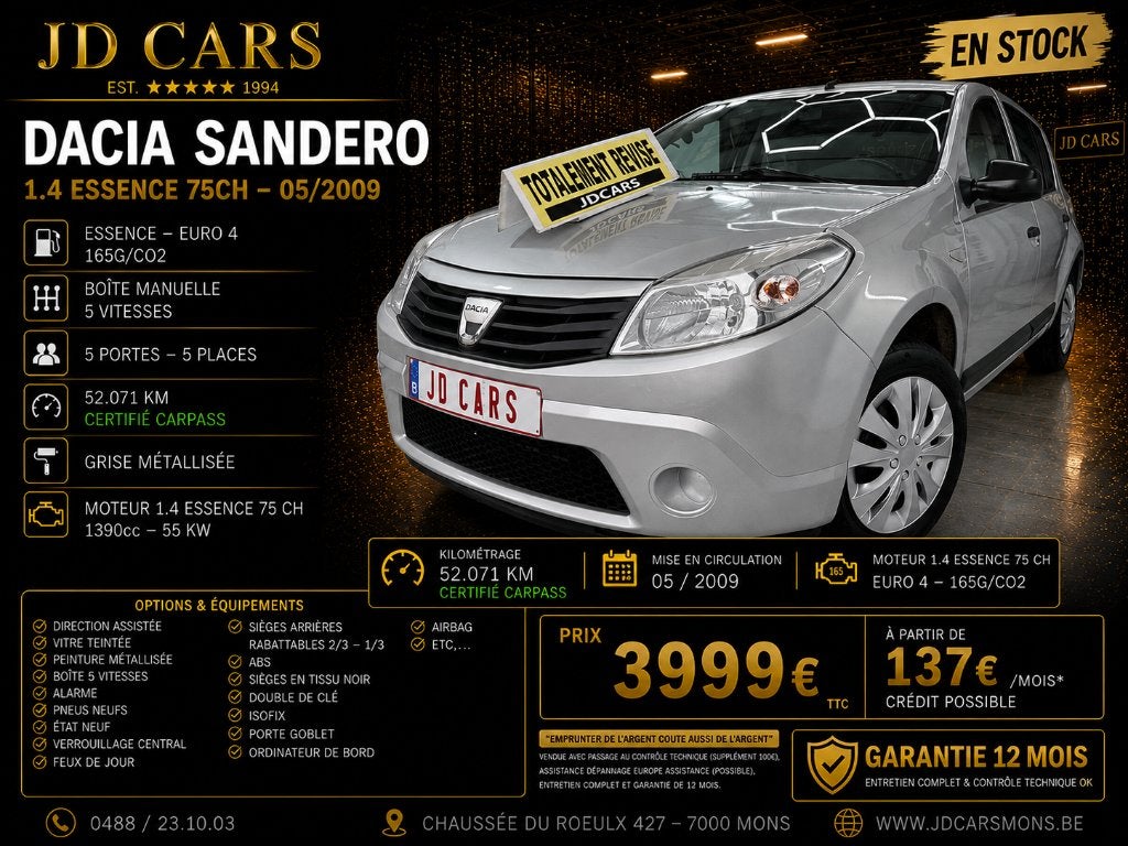 DACIA SANDERO 1.4 ESSENCE ‼️GARANTIE 1 AN CTOK‼️, Voorwielaandrijving, Stof, 4 cilinders, https://public.car-pass.be/vhr/62f4045f-1750-4ef5-aa0d-4fbccb0ef7b3