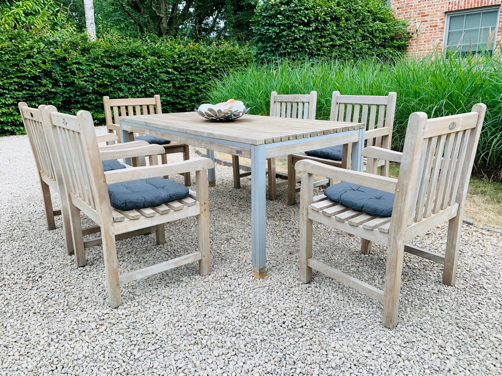 Design Tuinset Teak & Aluminium 6 Teak stoelen + kussens, Ophalen, Gebruikt, Teakhout, Tuinset