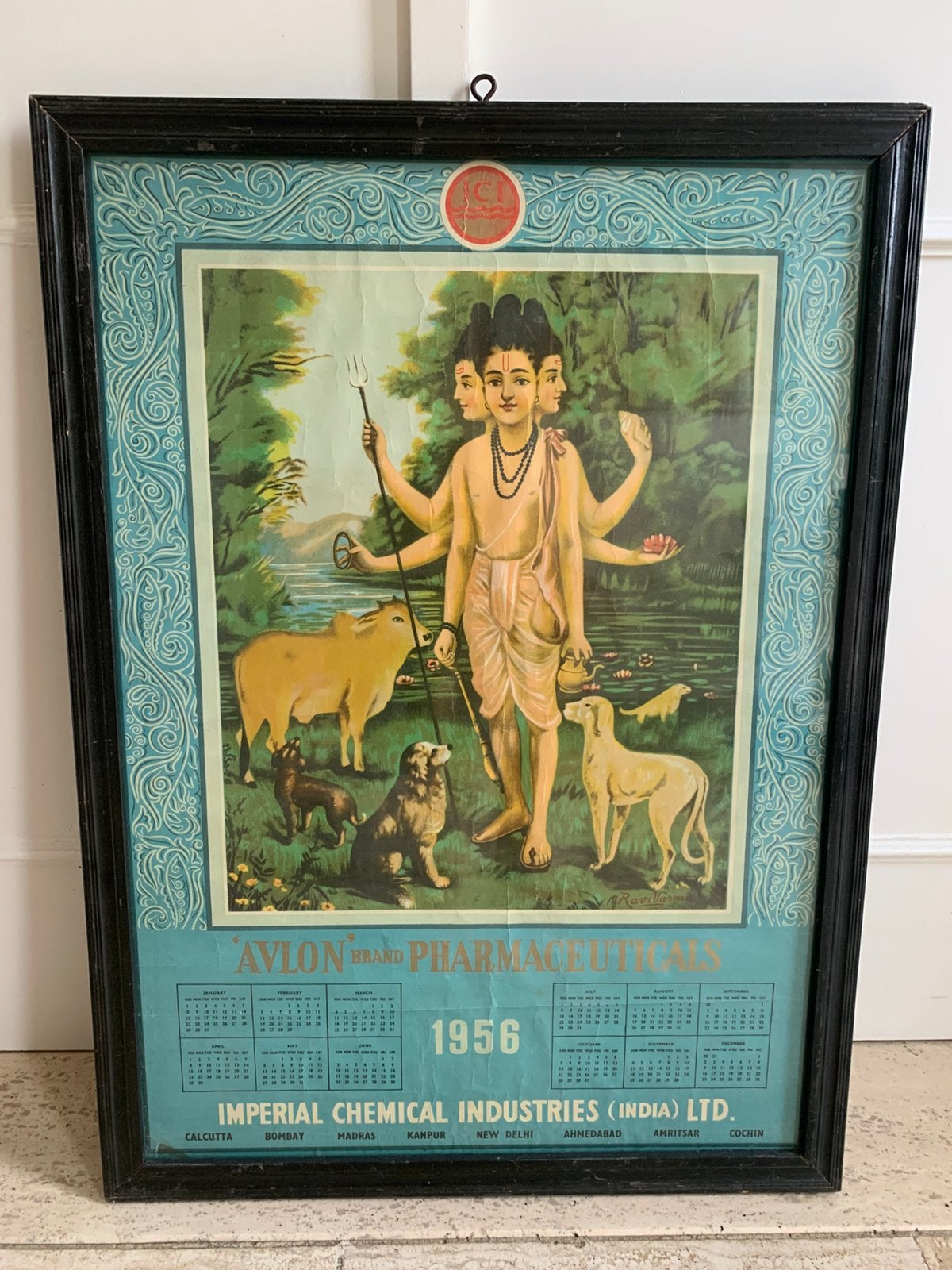 Indiase Afdruk lithograph, Animaux et nature, Enlèvement, Lithographie, Encadré