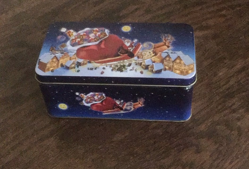 Rechthoekige blikken kerst doosje, Ophalen, Gebruikt