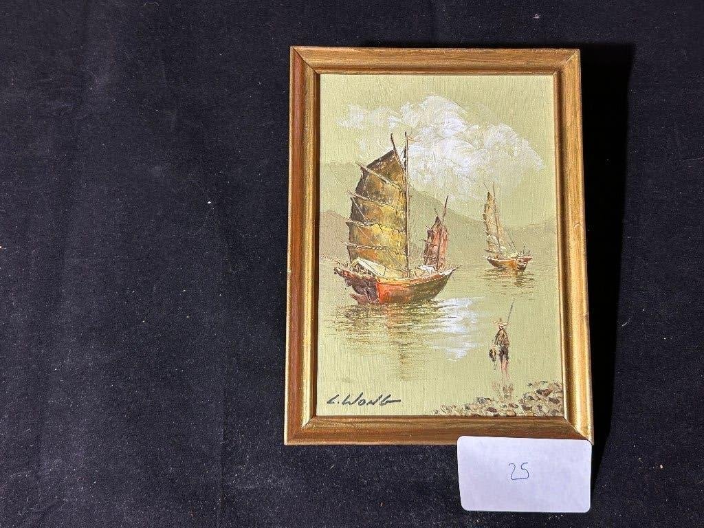 Origineel Olieverfschilderij C. Wong Chinese Jonk, Antiek en Kunst, Kunst | Schilderijen | Klassiek, Maritiem / water, Vintage