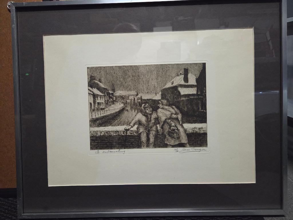 G. Langie; ets: 'De Ontmoeting', Gentse kunstenaar, Antiek en Kunst, Kunst | Etsen en Gravures, Ophalen of Verzenden