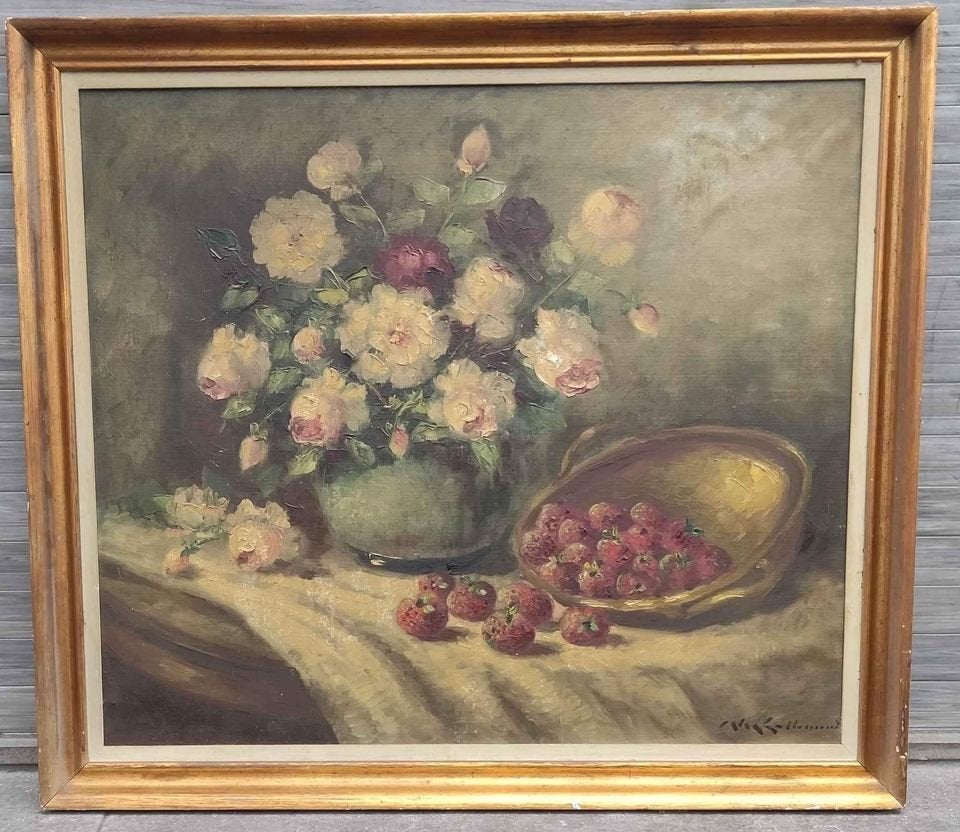 huile sur toile nature morte signe alex lallemand, Antiquités & Art, Enlèvement ou Envoi, Nature morte, Toile