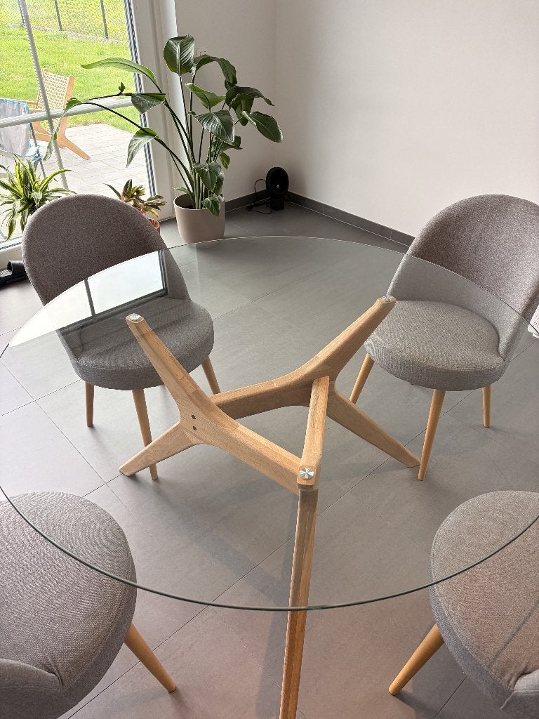 Ronde eettafel design glas 130 CM + 4 stoelen van La Redoute, Ophalen, Japandi, Rond, Zo goed als nieuw