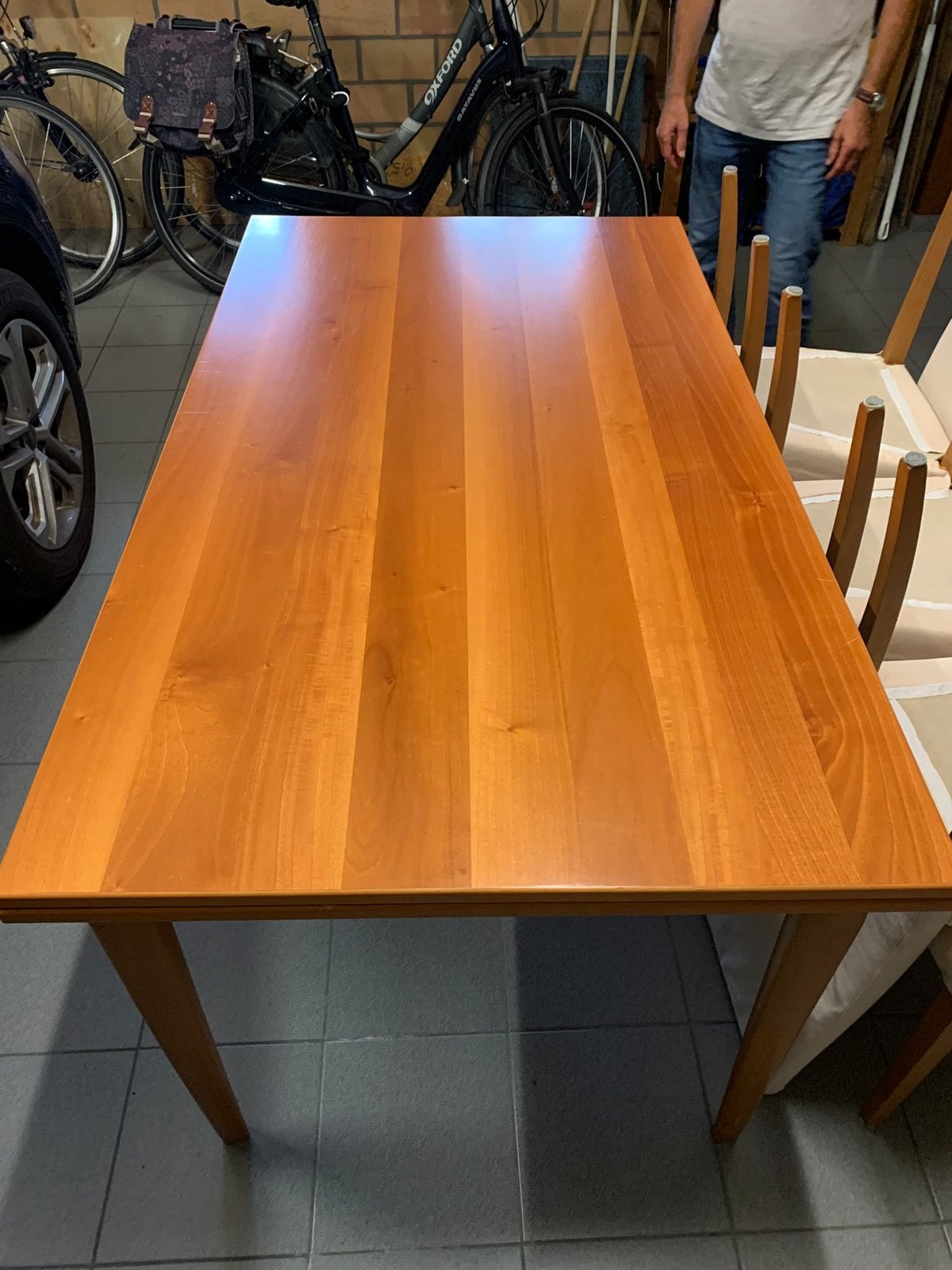 Uitschuifbare houten tafel + 6 beige stoelen, Ophalen, Gebruikt, 50 tot 100 cm, Vijf personen of meer