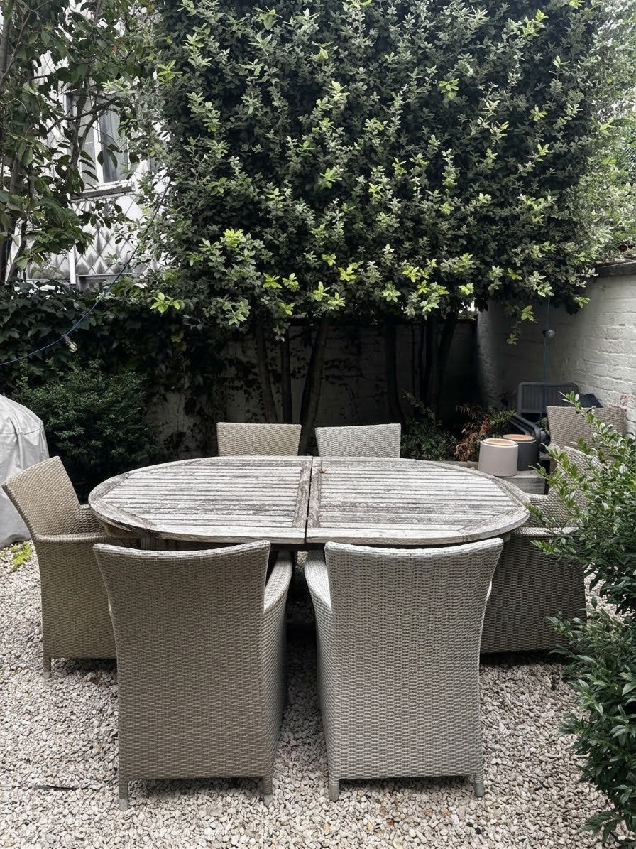 Houten tuintafel + 7 stoelen, Jardin & Terrasse, Enlèvement, Utilisé, Ovale, Bois