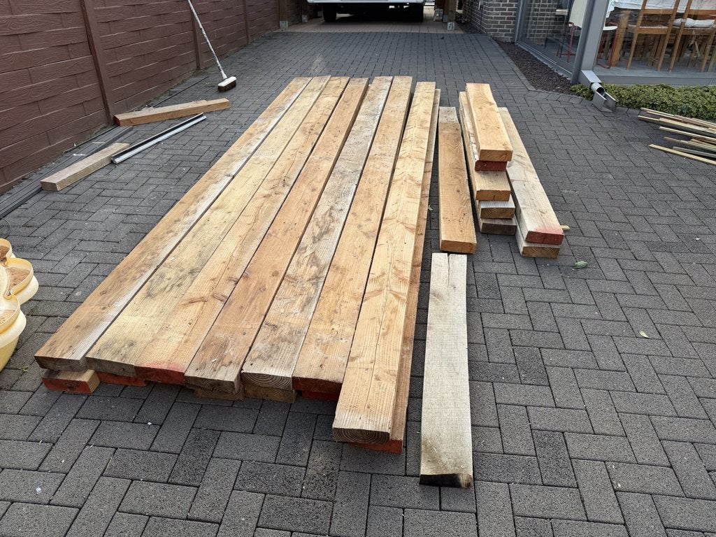 14 Houten Balken(L390cm Br17cm H6cm) grenen. 250€, Doe-het-zelf en Bouw, Hout en Planken, Ophalen, Grenen, Zo goed als nieuw, Balk