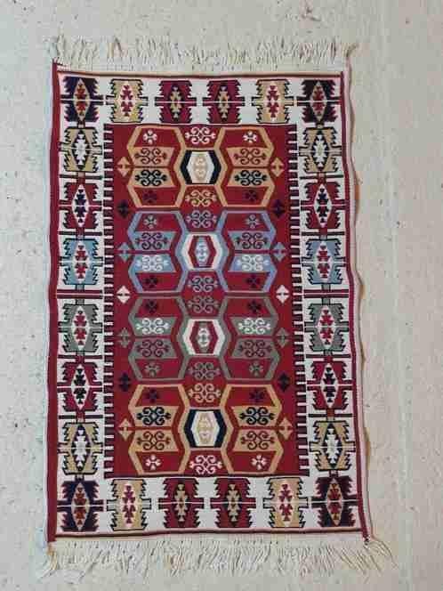 Kelim stijl kleedje reversibel abstract 84/55 cm, Verzenden, Gebruikt, Meerkleurig, Overige stijlen