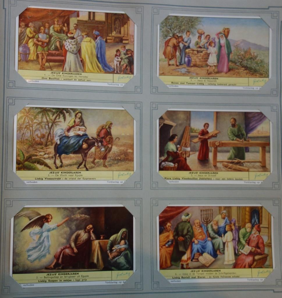 Set Liebig Prenten Jezus kinderjaren (1957)., Verzamelen, Ophalen of Verzenden, Zo goed als nieuw, 1940 tot 1960, Prent