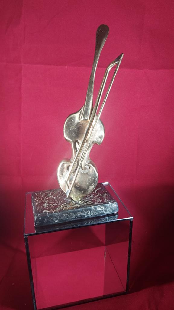 Bronzen Sculptuur 'Contrabas / Viool' – Yves Lohé (ca. 1970, Ophalen of Verzenden, Klassiek, Brons, Beeld