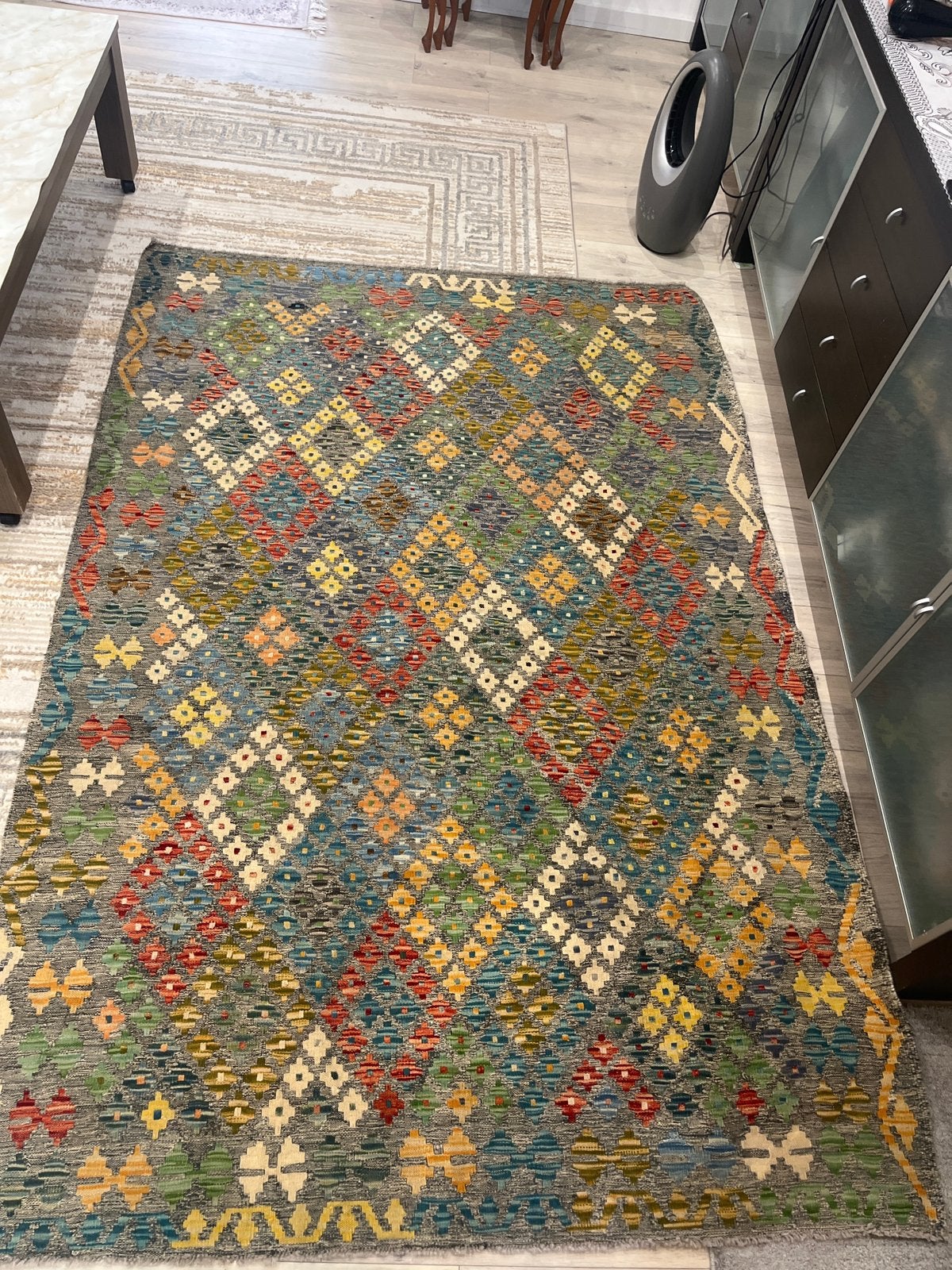Kilim tissé main du Moyen Orient antique, 200 cm ou plus, Argenté, 150 à 200 cm, Comme neuf