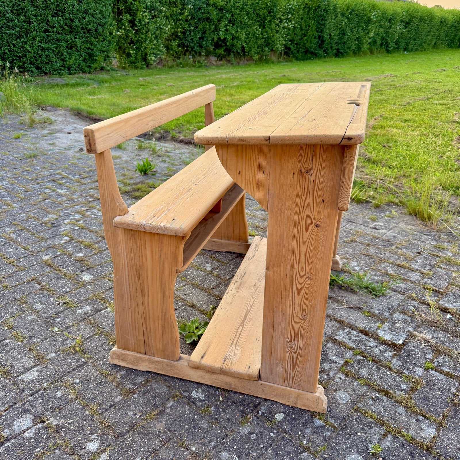 Vintage houten schoolbank | massief hout | authentiek, Ophalen, Gebruikt, 110 cm, Hout