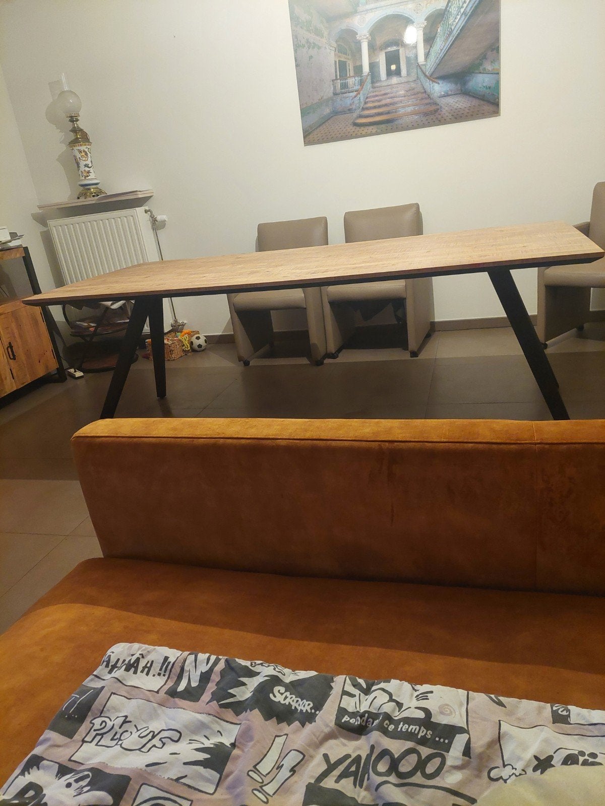Tafel in mangohout + zwarte poten, Ophalen, Zo goed als nieuw, Vijf personen of meer, Rechthoekig