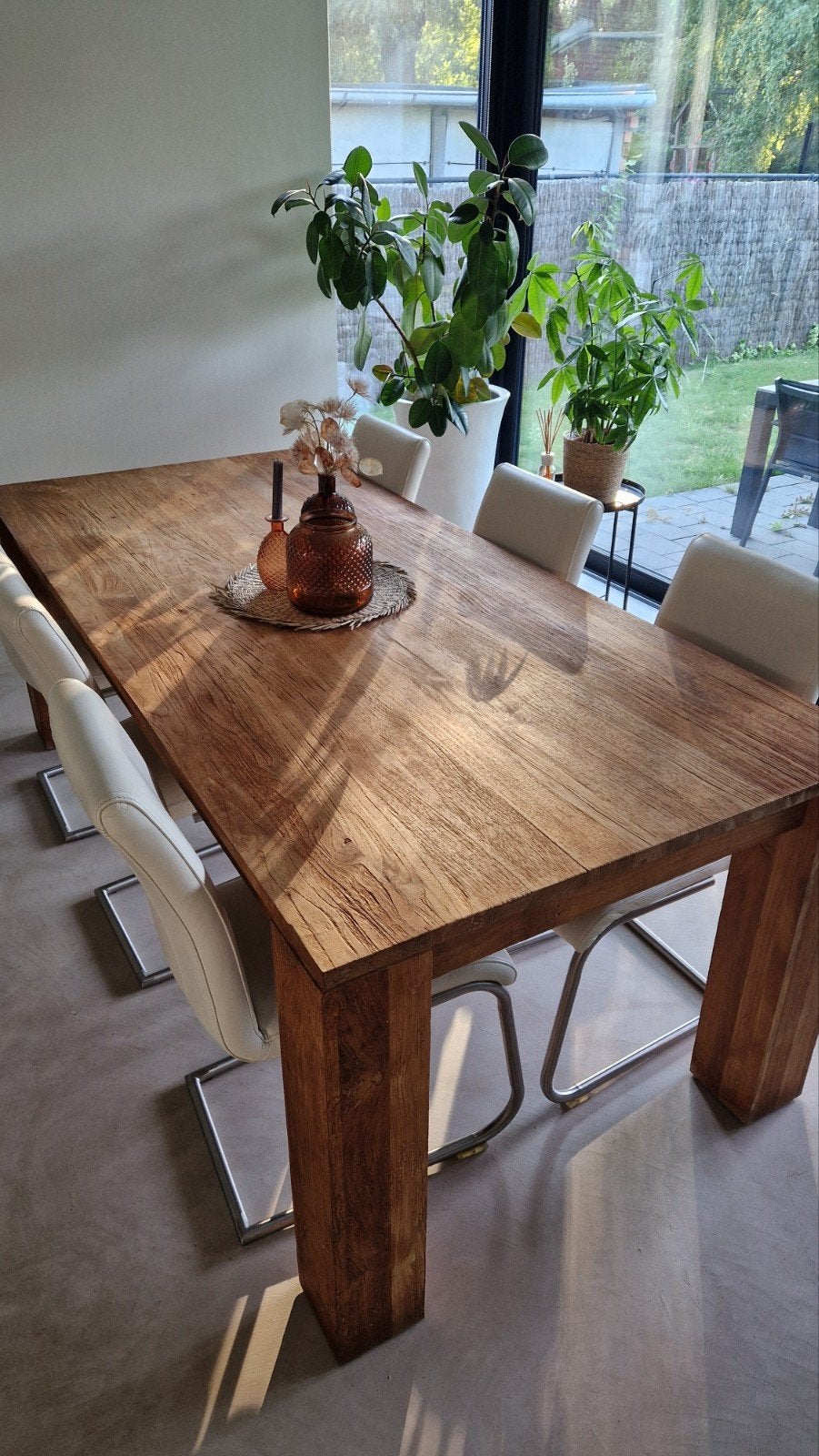 Teakhouten eettafel met 6 lederen stoelen, Huis en Inrichting, Tafels | Eettafels, Ophalen