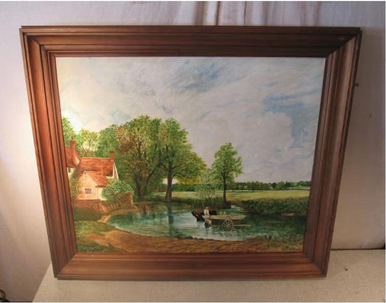 Mooi geschilderd Werk 'Kar in het Water' - A Van Hoof, Antiek en Kunst, Ophalen of Verzenden