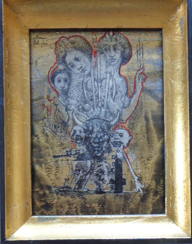 ROGER VAN BELLEGHEM / FIGUREN / OLIEVERF / 27x21cm / KADER, Enlèvement ou Envoi, Signé, Peinture à l'huile, Figures