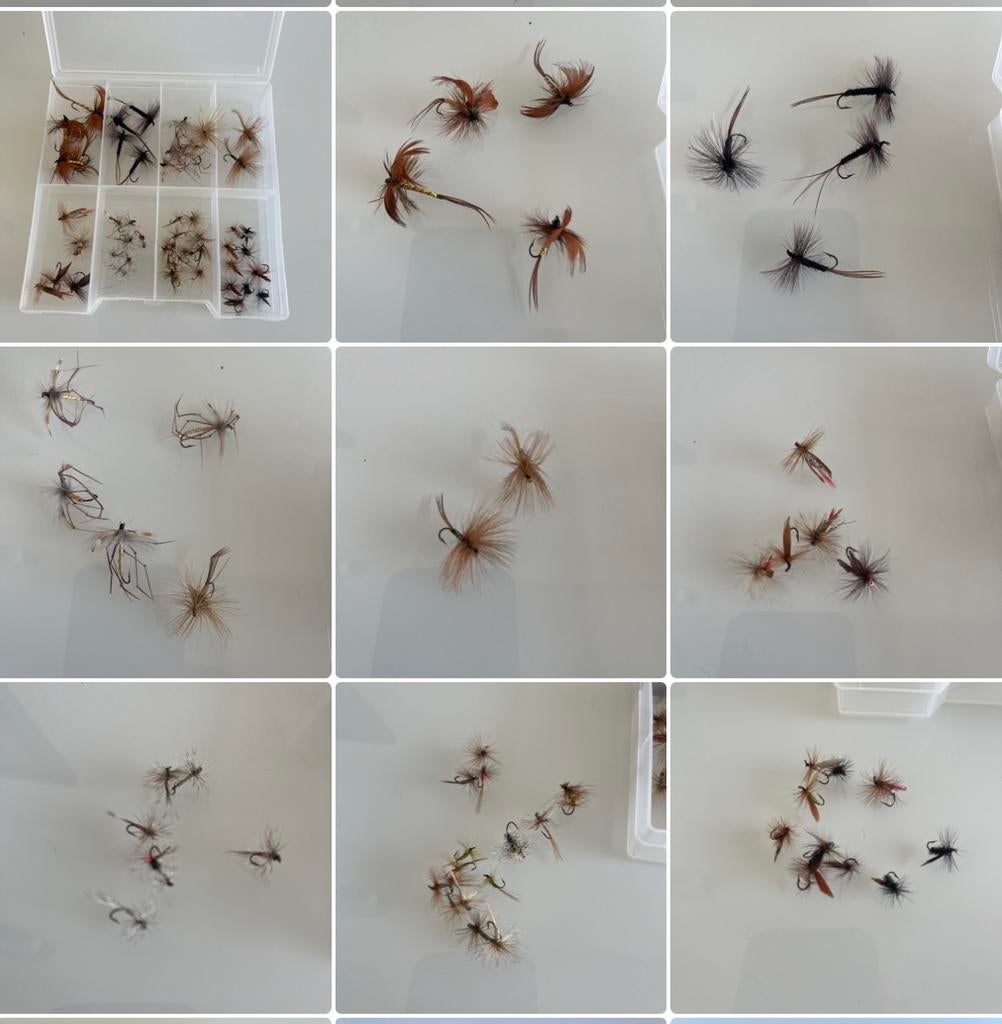 Doosje met 52 droge vliegen (incl meivliegen), Watersport en Boten, Ophalen of Verzenden, Zo goed als nieuw