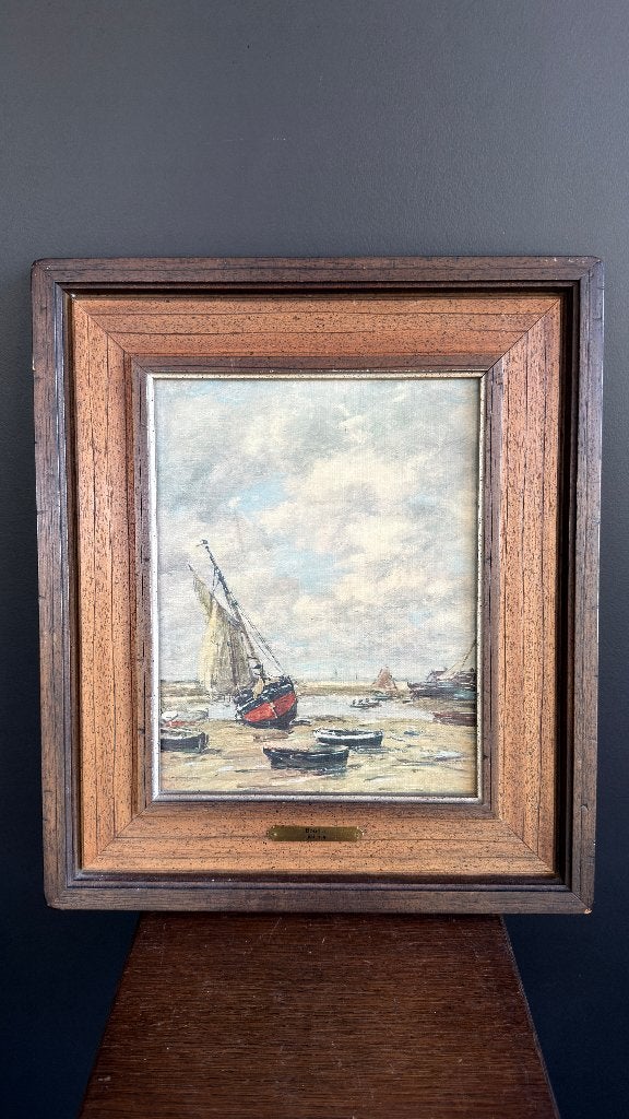 Vintage maritiem schilderij naar Eugène Boudin – oleografie, Antiek en Kunst, Maritiem / water, Doek, Overige technieken, Ophalen of Verzenden