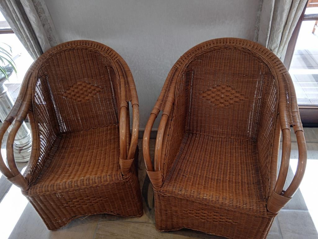 2 rieten zetels, Huis en Inrichting, Stoelen, Ophalen, Gebruikt, Twee, Bruin