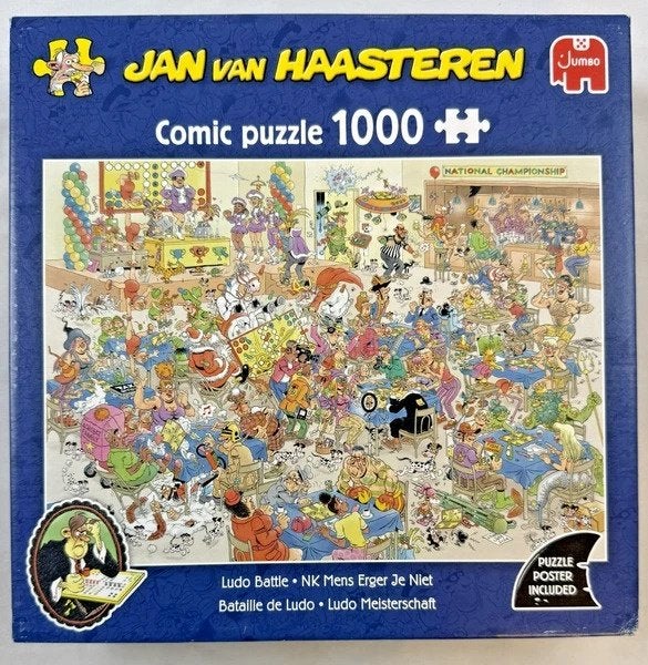 Jan van Haasteren Puzzel 1000 Nk mens erger je niet compleet, Verzenden, 500 t/m 1500 stukjes, Zo goed als nieuw, Legpuzzel