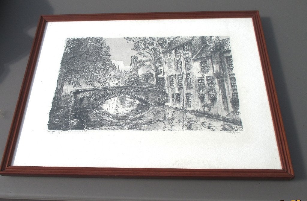 Kader Litho - Brugge Groene rei - Litho 21/, Antiek en Kunst, Gesigneerd, Ophalen of Verzenden, Landschappen, Lithografie