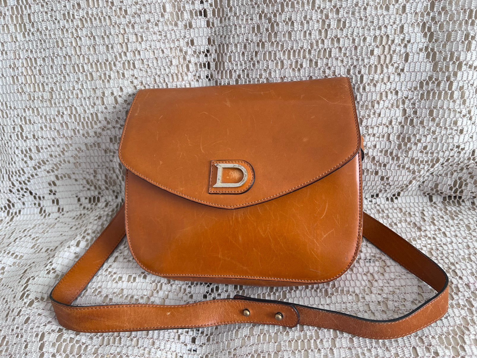 Sac DELVAUX cuir cognac vintage, Enlèvement ou Envoi, Comme neuf, Bleu, Cuir