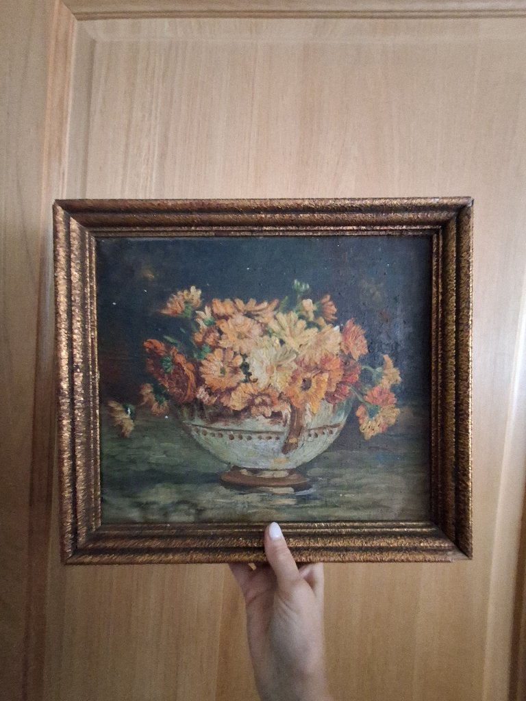 Peinture de fleurs dans un vase, Peinture à l'huile, Enlèvement, Fleurs, Toile