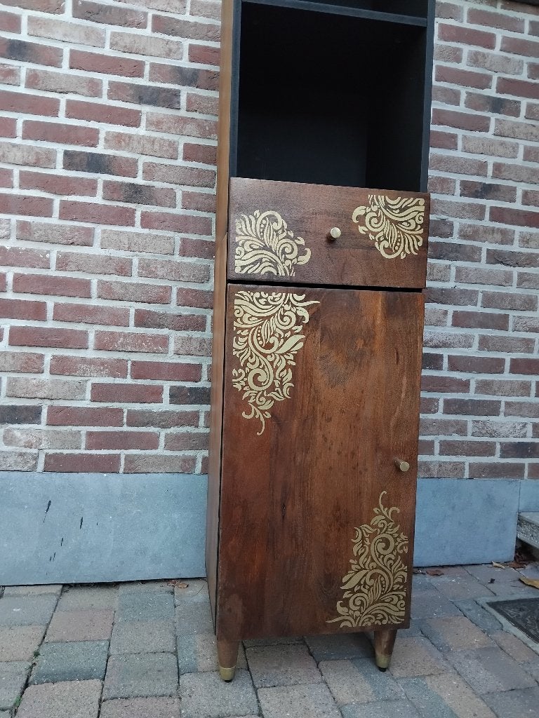kolomkast mango hout donkerbruin en zwart, Huis en Inrichting, Ophalen, Zo goed als nieuw