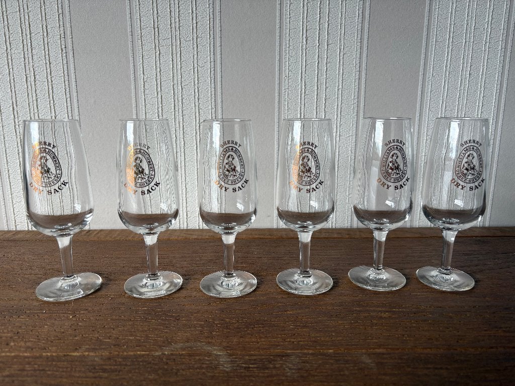 Set van 6 vintage Dry Sack sherryglazen op voet, Verzamelen, Ophalen of Verzenden, Nieuw, Overige typen