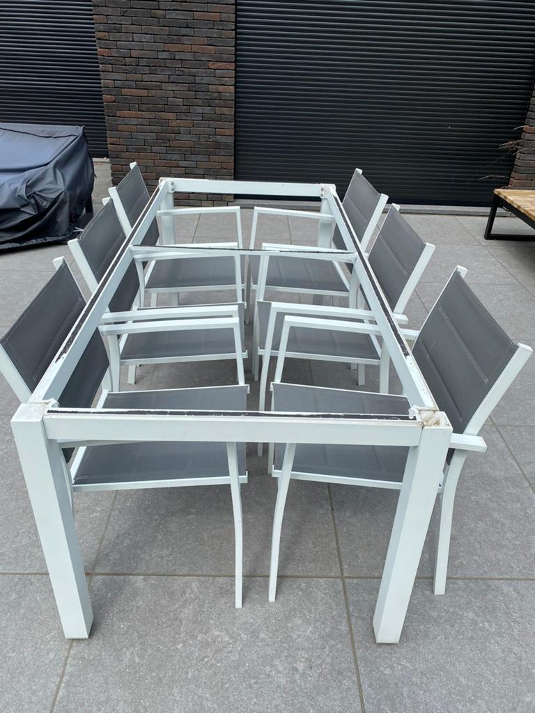 Wit aluminium tafelonderstel (ZONDER stoelen), Tuin en Terras, Tuintafels, Ophalen, Gebruikt, Rechthoekig, Aluminium