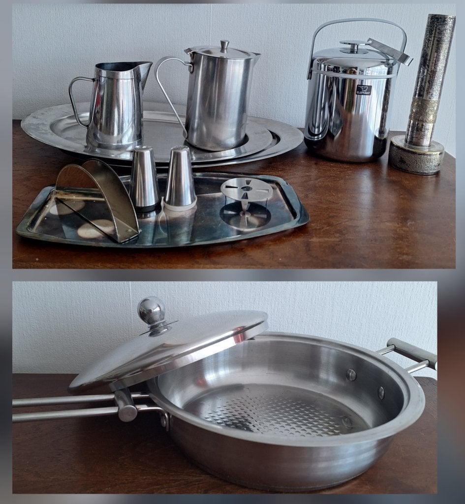 Vintage stainlees steel set in 1 koop/nieuwe &perfecte staat, Antiquités & Art, Antiquités | Ustensiles de cuisine, Enlèvement ou Envoi