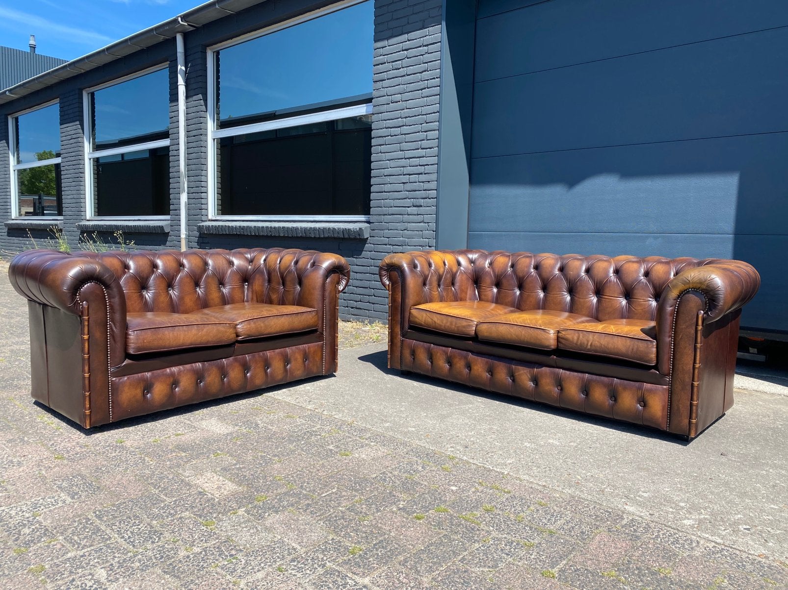 Prachtige Engels Chesterfield 3+2 zit zetels bruin gevlamd, Huis en Inrichting, Ophalen of Verzenden, Zo goed als nieuw, Leer