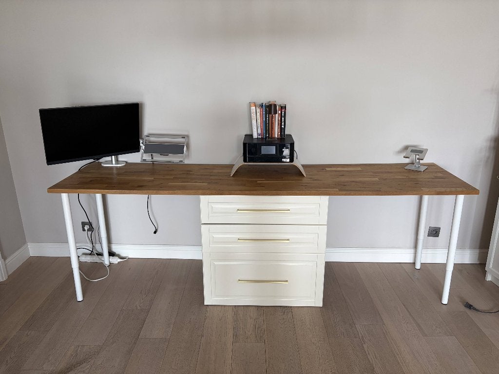 Premium Double Desk compleet 280cm eiken + BenQ 4K + arm, Ophalen, Hout, Zo goed als nieuw, Overige merken