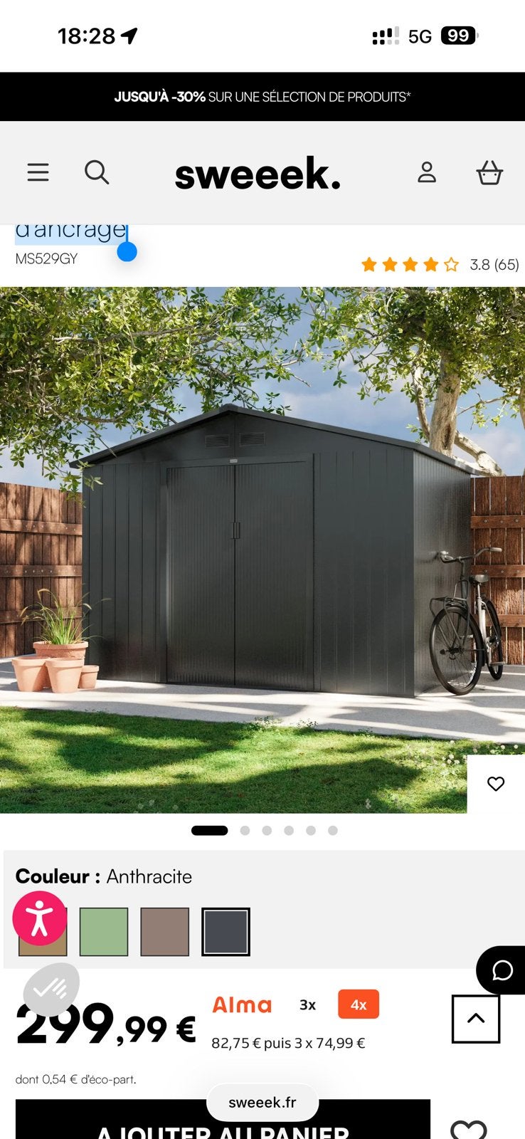 Abri de jardin métal 5,29m² avec kit d'ancrage, Enlèvement