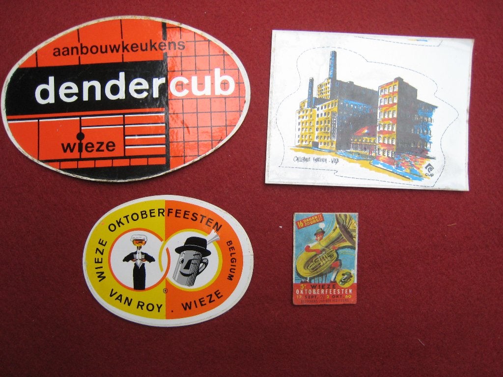 Wieze Oktoberfeesten Callebaut & Keukens stickers, Verzamelen, Verzenden, Gebruikt, Reclamebord, Plaat of Schild