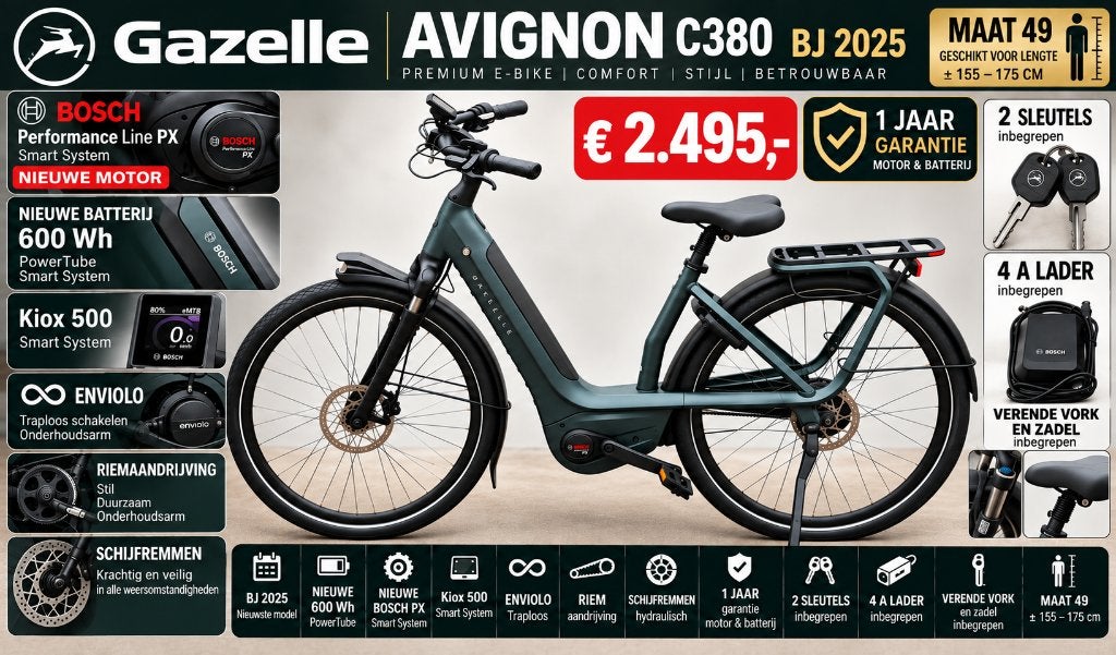 Gazelle Avignon C380 – BJ 2025 – Bosch PX motor 600wh batt, Ophalen, Zo goed als nieuw, 47 tot 51 cm, 50 km per accu of meer