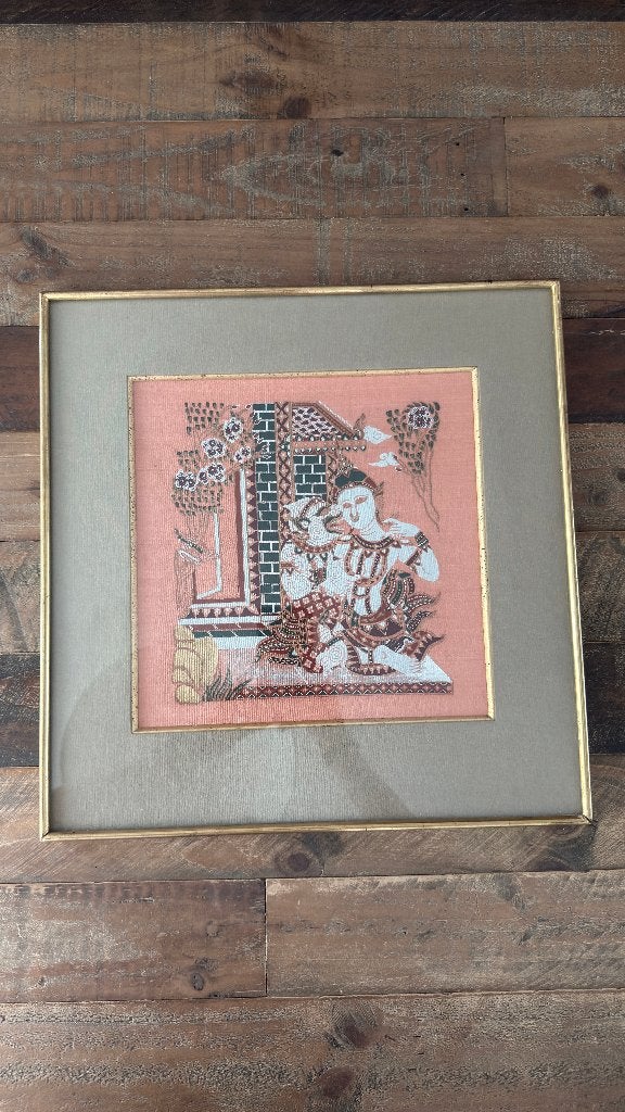 Vintage ingekaderde Aziatische textielprent – 40  40 cm, Antiek en Kunst, Ophalen of Verzenden